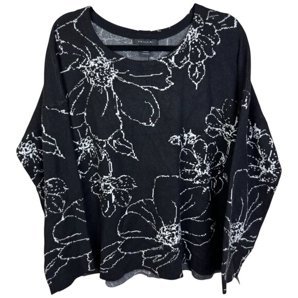 2X - TAHARI - Black Floral Scoop Knit Sweater w/ Button detail Back NEW no tags - Picture 4 of 4